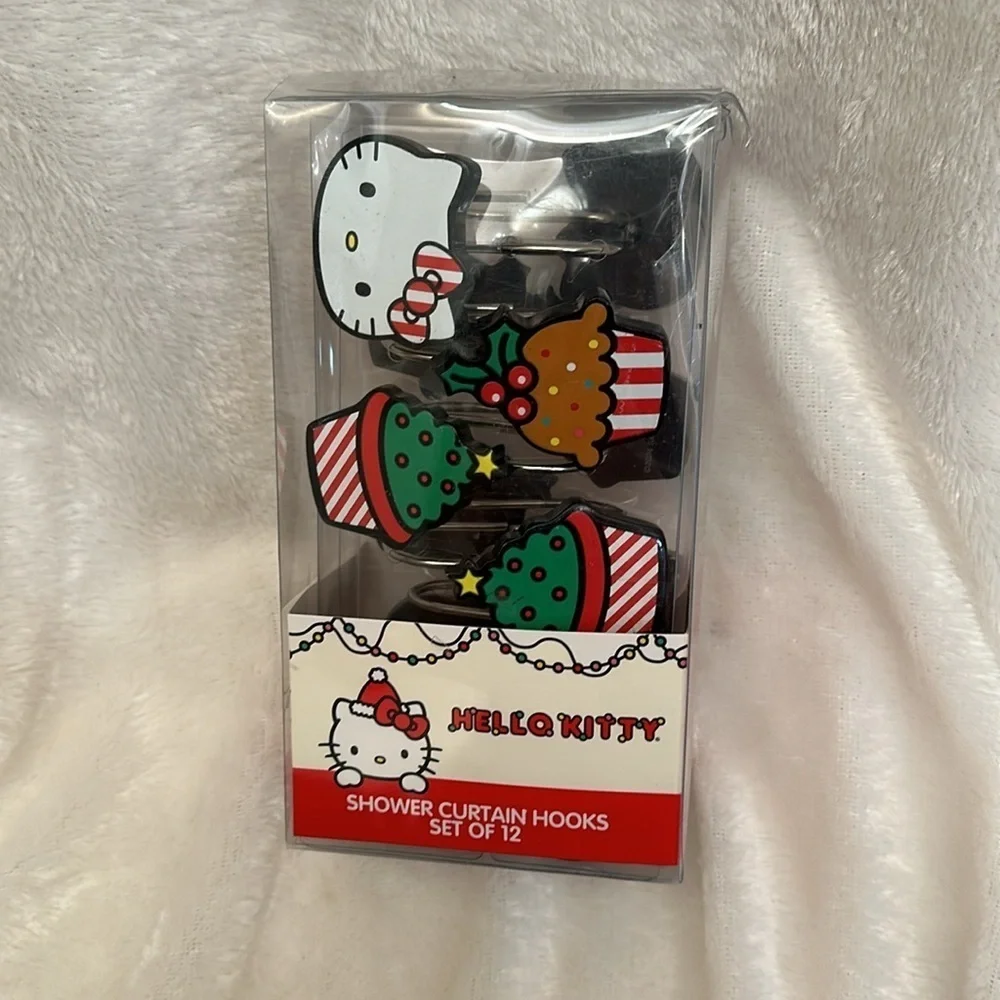 Hello Kitty Christmas Winter Holiday Cupcake Shower Curtain Hooks Set Of 12 New